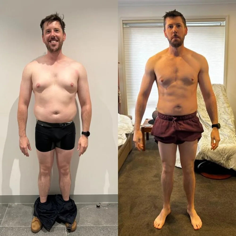 Before and after, front view: fat loss and recomp