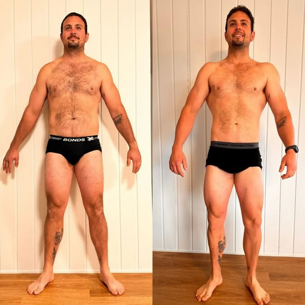 Before and after, front view: lean and strong